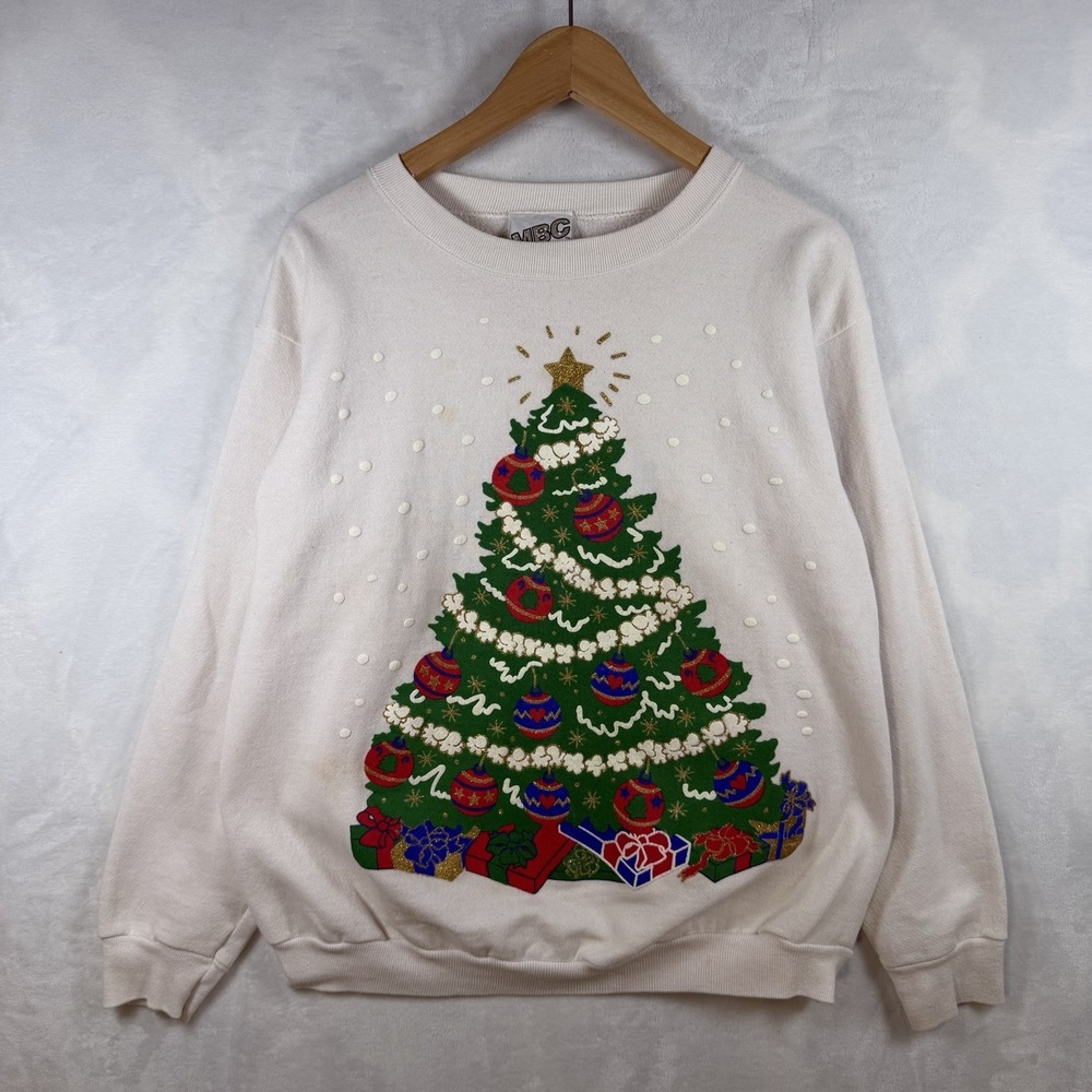 Vintage 90s Christmas Sweater Beaded Tree Holiday Pullover USA Size Large